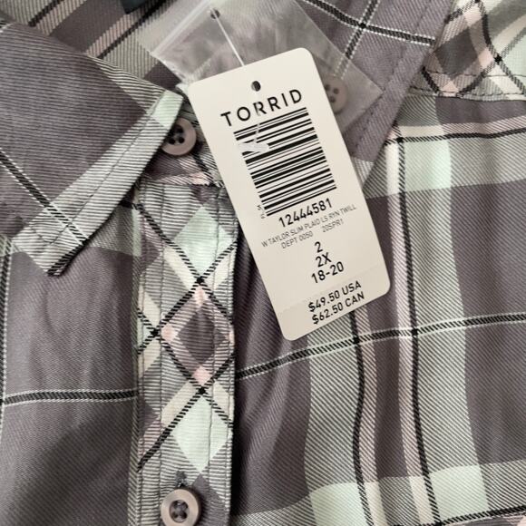 Torrid Taylor Slim Plaid Button Front Long Sleeve Shirt Size 2 2X New - Picture 4 of 8
